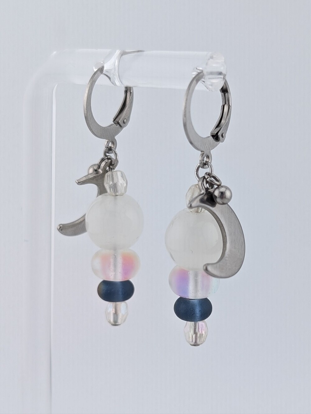 NWT Celestial Silver Moon Charm Glass Bead Whimsigoth Dangle Drop Earrings